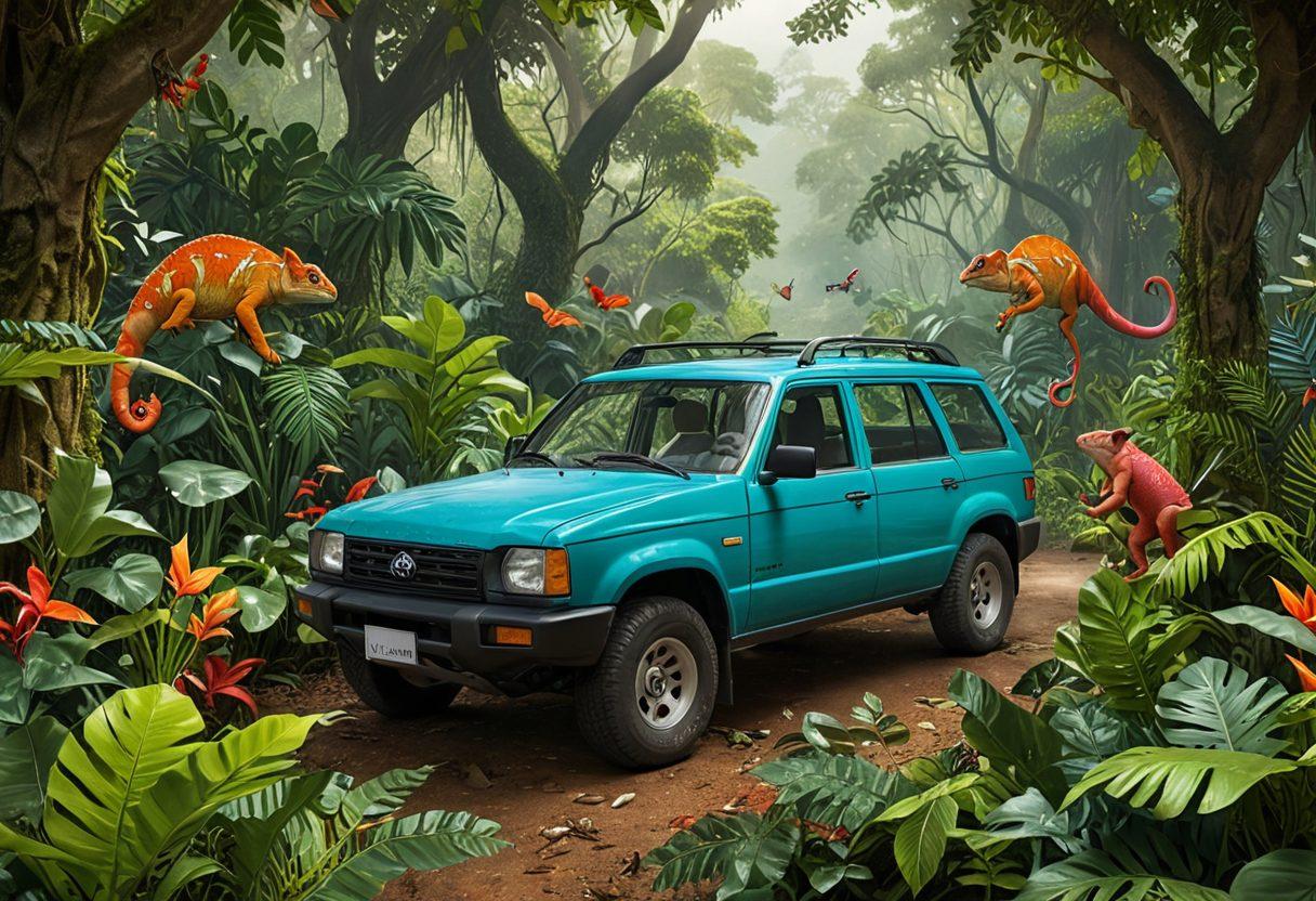 A colorful jungle filled with various insurance-themed elements like policy documents, magnifying glasses, and friendly insurance agents, guiding lost travelers through dense foliage. Include vibrant flora and fauna that symbolize different coverage options, such as a bear representing life insurance and a chameleon for auto insurance. The scene should exude a sense of adventure and discovery, inviting readers into the world of insurance exploration. super-realistic. vibrant colors. 3D.