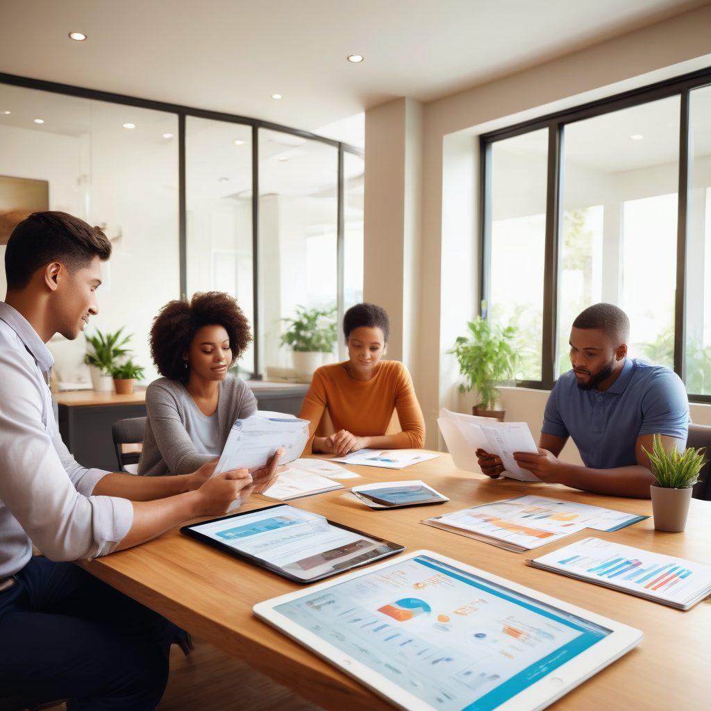 A visually engaging collage showcasing a diverse group of people reviewing various insurance plan brochures in a cozy, well-lit office space. The scene includes a digital tablet displaying a colorful insurance comparison chart, with floating icons representing health, auto, and home insurance options. Soft, inviting colors enhance a sense of clarity and security, with a background of plants for a calming effect. super-realistic. vibrant colors. cozy ambiance.