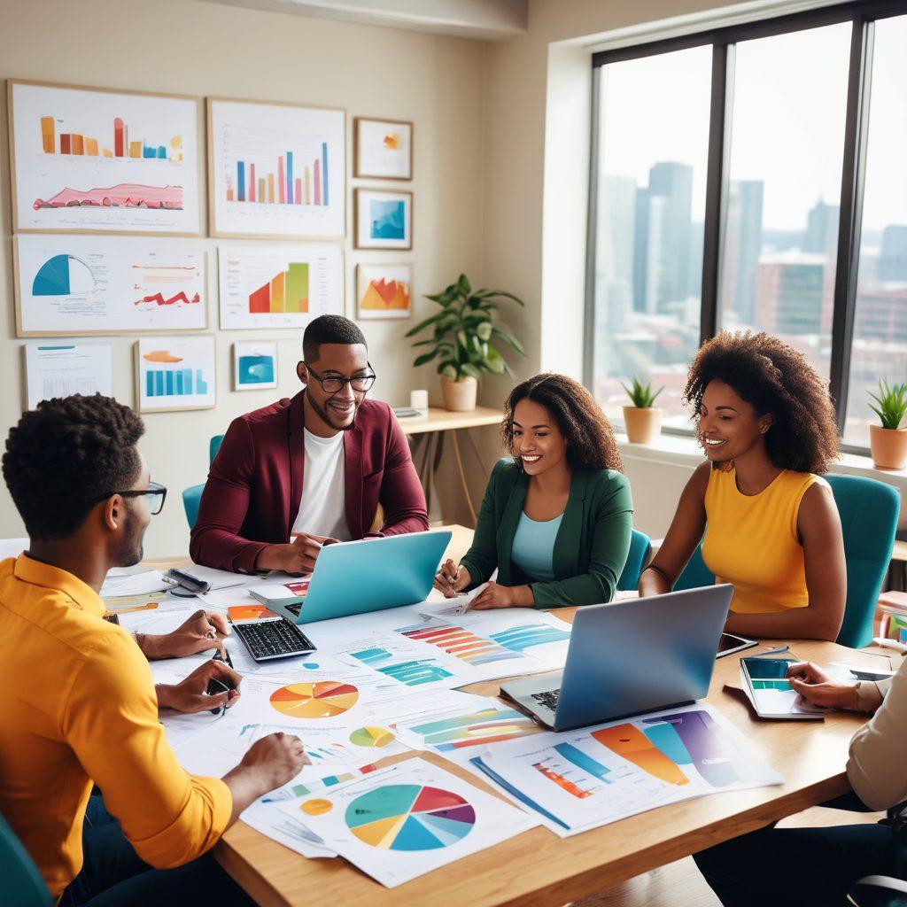 A visually engaging scene depicting a diverse group of people reviewing insurance policies together in a cozy office setting, with documents, calculators, and a laptop showcasing insurance benefits. The background features colorful infographics illustrating various insurance types and benefits. The atmosphere is warm and collaborative, inviting viewers to explore insurance services. bright colors. vector art.